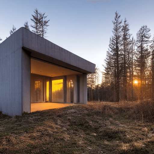 AI generated: a realistic photo, of a house, where walls are made of windows, in brutalist style, at sunset in the...