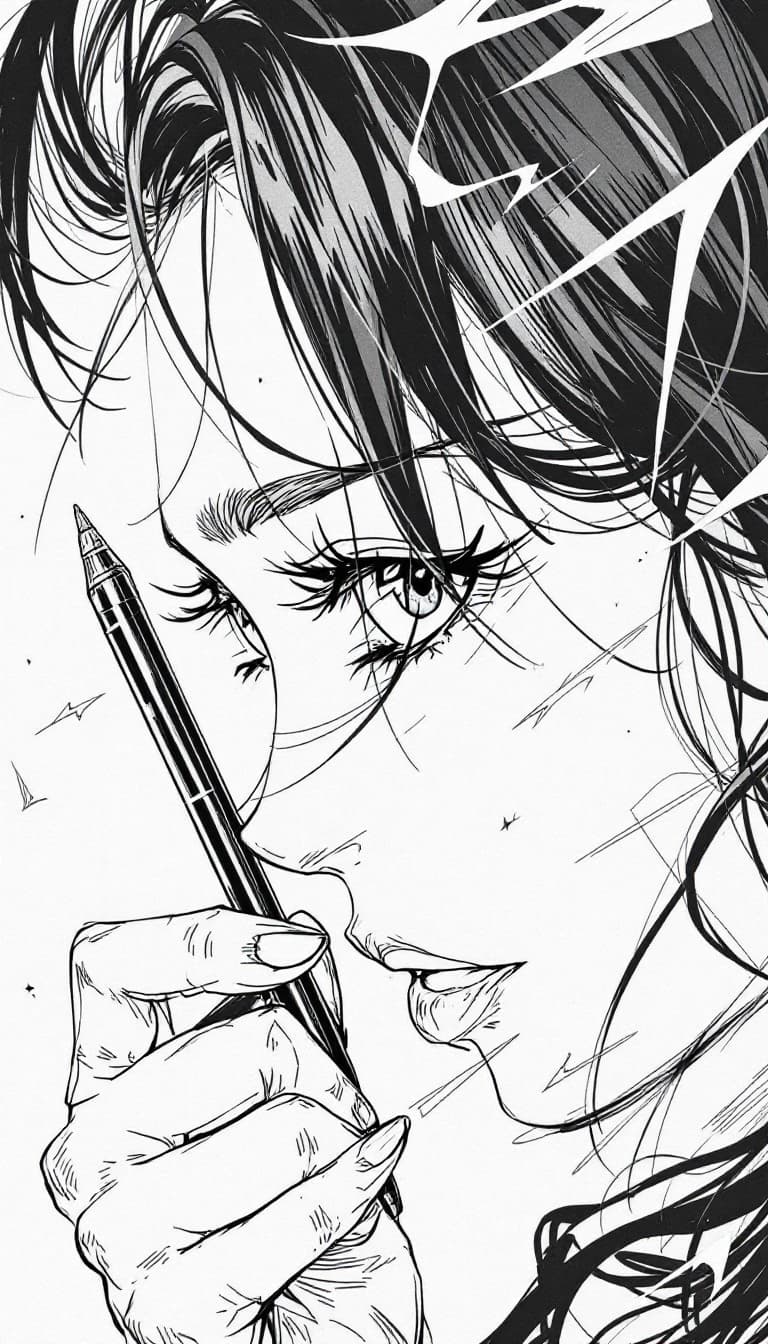 AI generated: Manga Illustration, Bold Lines, Expressive Faces, Narrative, Woman Holding a Pen Drawing, Dynamic Po...