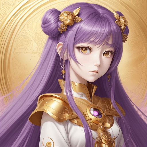 AI generated: Goddess portrait ,artwork. animetic, 星野瑠璃／13歳娘,puple color heir,gold  color eye,twin tale,look into