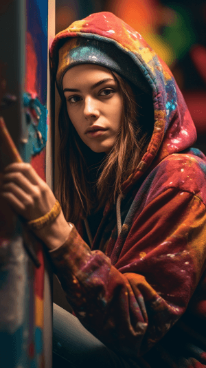 AI generated: a beanie on a thoughtful artist face, medium-length brown hair, in abstract paint-splatter-patterned...