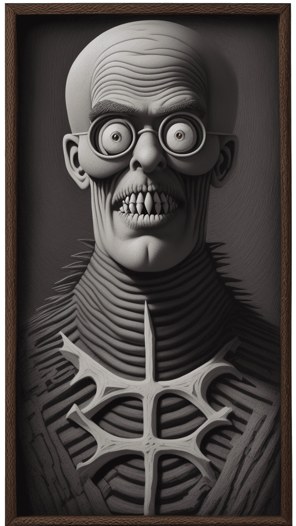 AI generated: by Tim Burton cross Terry Pratchett, signed "amf101fma" highly detailed blockwood canvas, deteriorat...