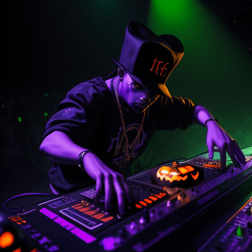AI generated: Hip-hop deejay, Halloween theme party, dynamic angle, dynamic shot, (((masterpiece:1 0))), (hyperrea...