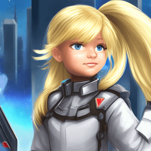 AI generated: a computer heroine with blond hair with  small and cute and younger