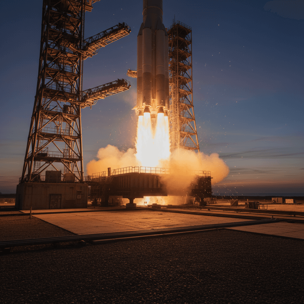 AI generated: "A satellite launch pad — ground-level shot, glowing rocket engines igniting"