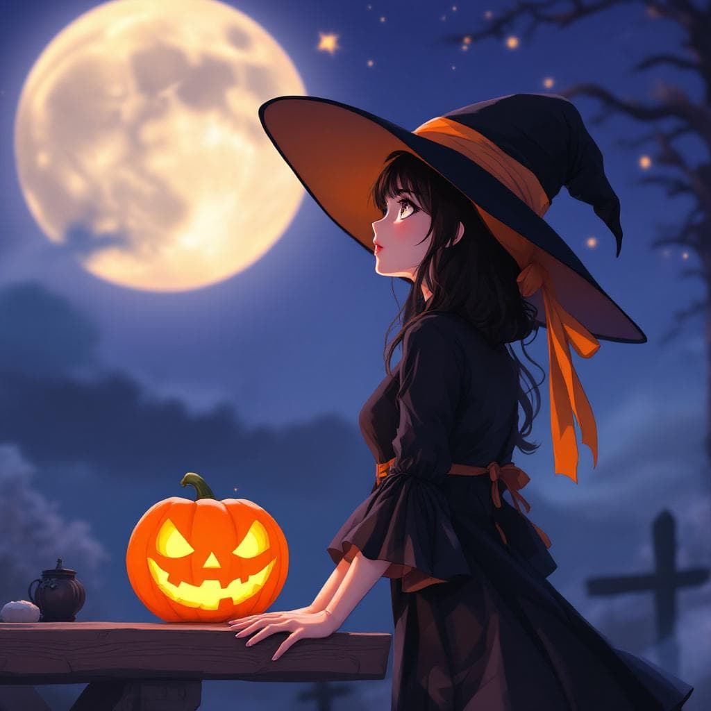 AI generated: A whimsical anime-inspired scene: under the radiant glow of a full moon night, a bewitching woman st...