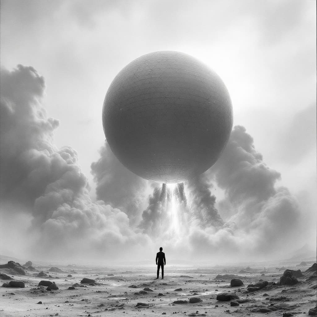 AI generated: A surreal sci-fi scene in black and white, depicting a gigantic spherical spaceship lifting off from...