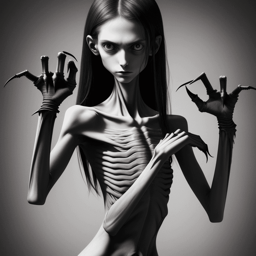AI generated: woman's arms with hands with black long curved claws of skinny anorexic girl
