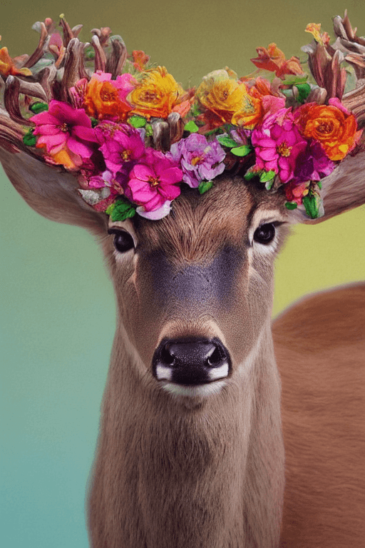AI generated: a beautiful portrait of realistic deer, colorfull very many small flower headpiece, symmetrical, clo...