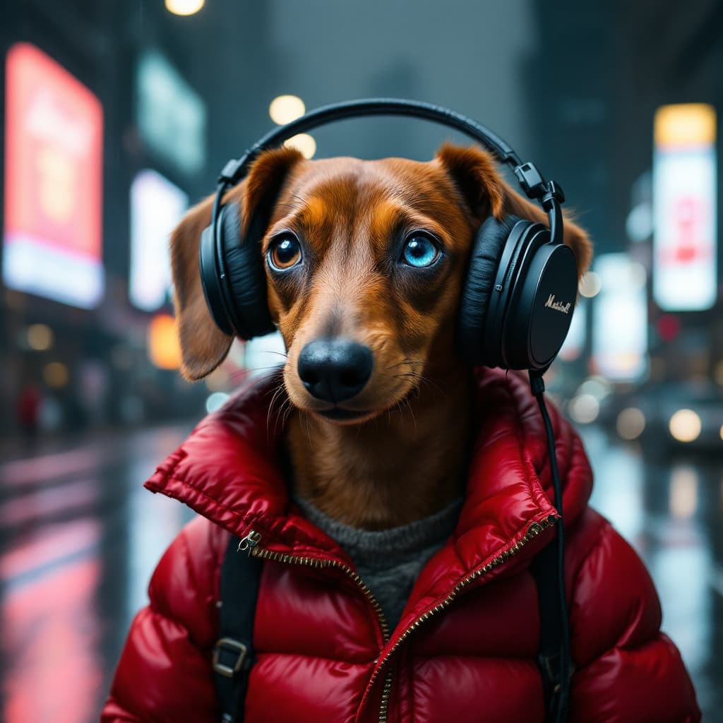 AI generated: dachshund dog, red, one eye blue, the other brown, wearing large Marshall headphones, a red down jac...