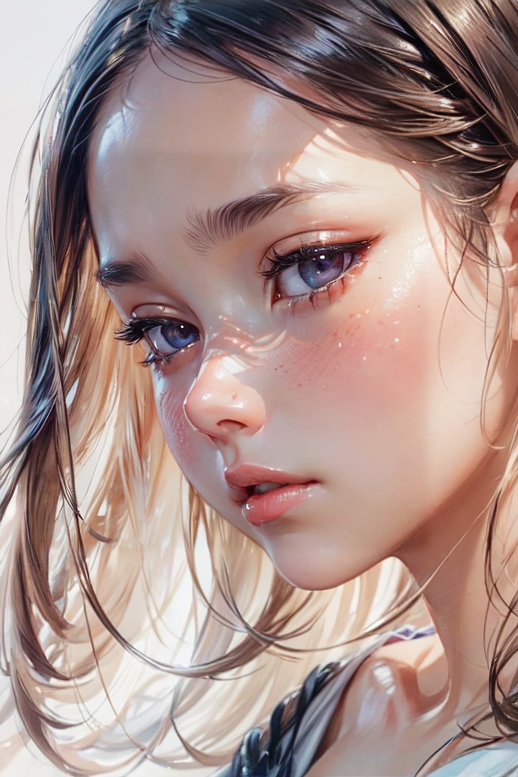AI generated: Hi def close-up of a pretty woman's face shown with intricate detail, you can see her pores and peac...