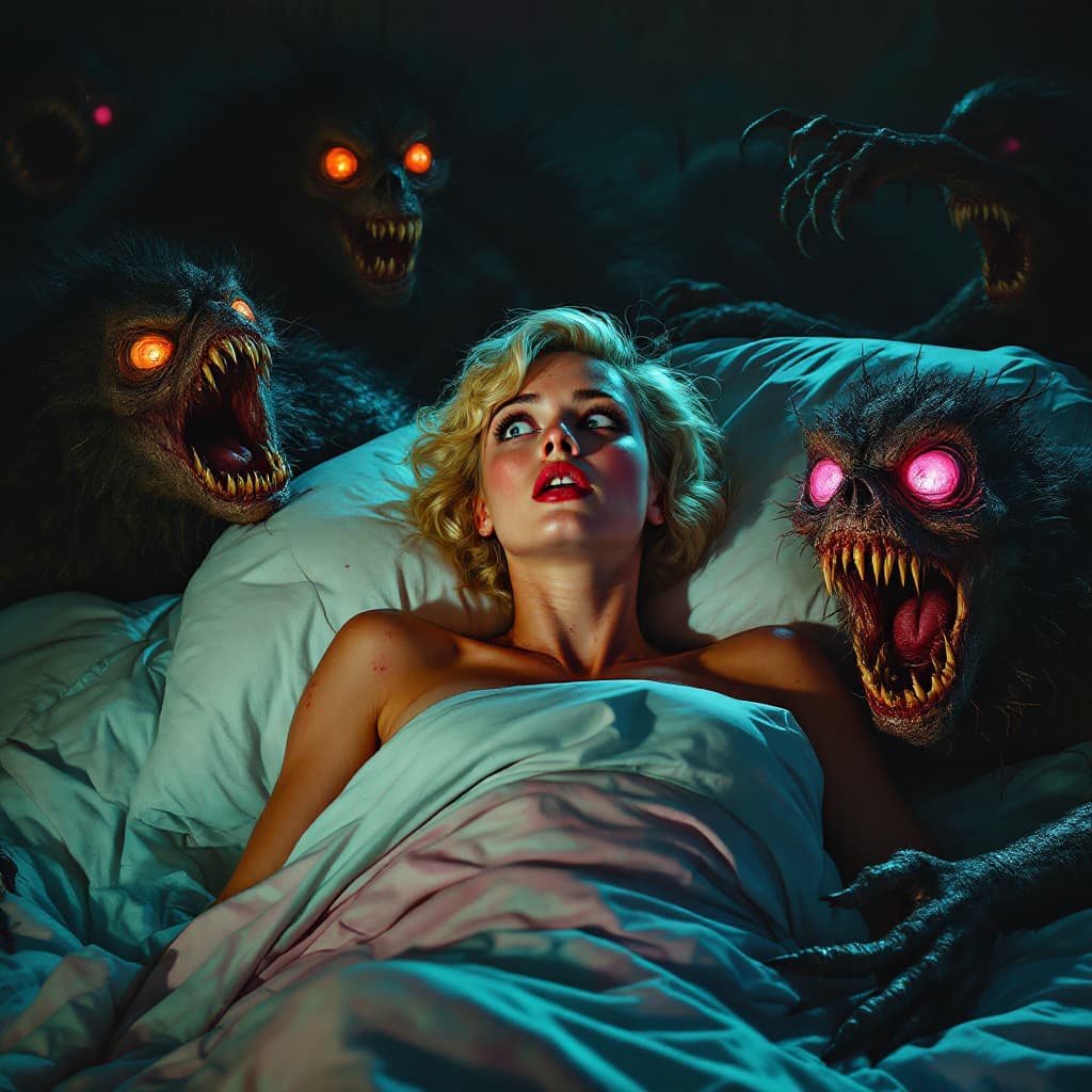 AI generated: In the hyperreal style of Tom Bagshaw, a vibrant, dynamic, horror-inspired, colorful image of an att...