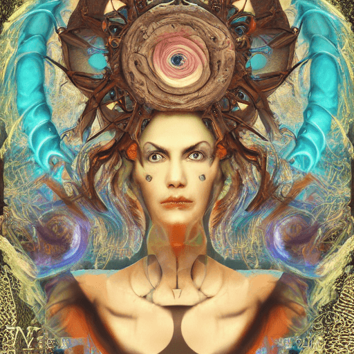 AI generated: Surreal Alchemist: An female character portrait of a master alchemist, with face surrounded by alche...