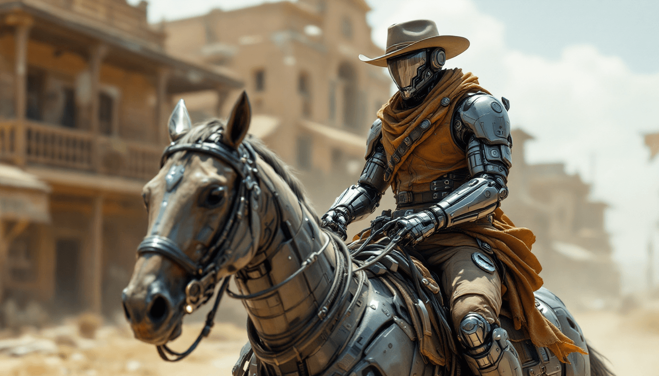 AI generated: A cyber-enhanced cowboy in the 'Cybernetic Wild West', with robotic limbs and high-tech gear, riding...