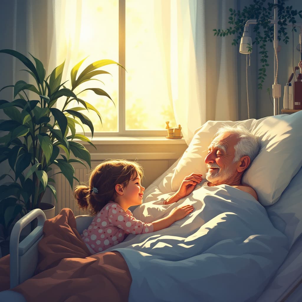 AI generated: Une chambre d'hôpital avec un vieux patient allongé. Plante verte. Soleil par la fenêtre. sa fille e...