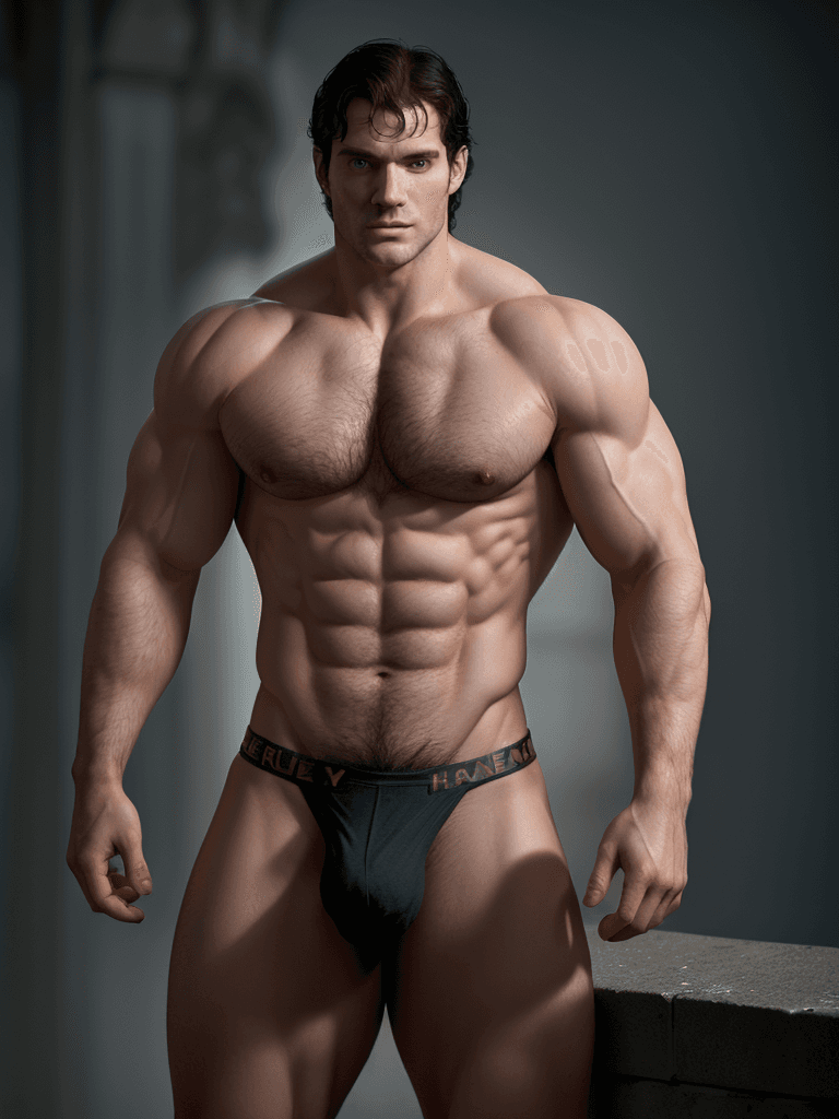 AI generated: Henry Cavill ((full nude frontal body)), big muscles and thick dick, in his thirties, fully unclothe...