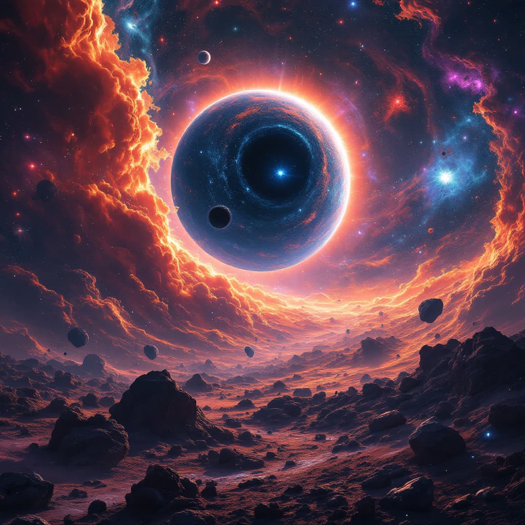 AI generated: asteroid fields and galaxies, creating an epic scifi scene. The background features colorful nebulae...