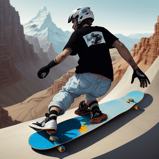 AI generated: artistic, rough painting art, extreme skate mountain, speed down hill, pro skateboarder, long board,...