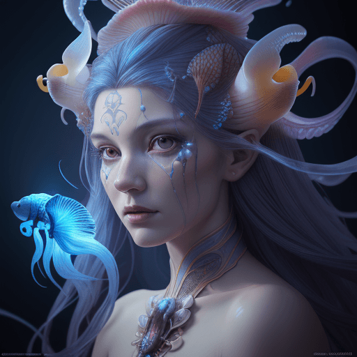 AI generated: Goddess close-up portrait ribcagel. jellyfish phoenix head, nautilus, orchid, skull, betta fish, bio...