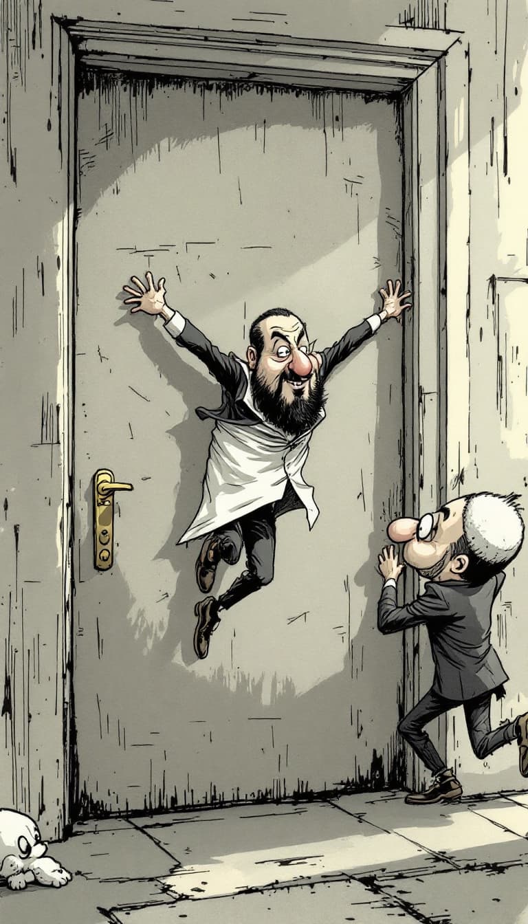 AI generated: caricature illustration, Ali Khamenei's grabbed him by the collar of his shirt and kicked outside th...