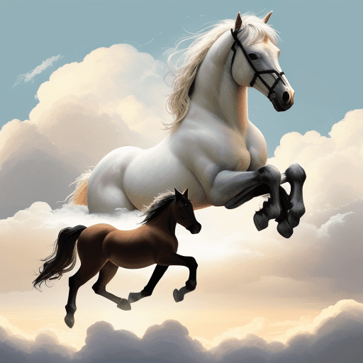AI generated:   horse with baby horse. clouds. heavens. running in clouds. baby horse is running after adult horse...