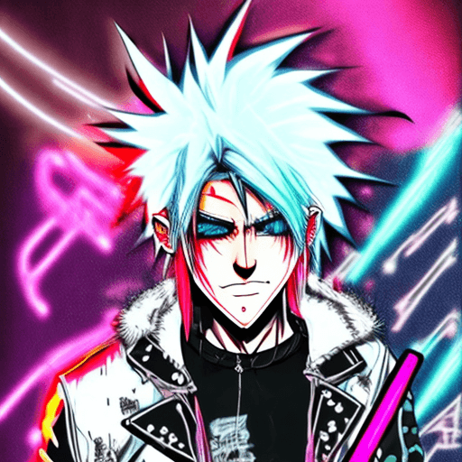 AI generated: anime punk-rocker with guitar, man, white hair, cyberpunk, a little bit neon
