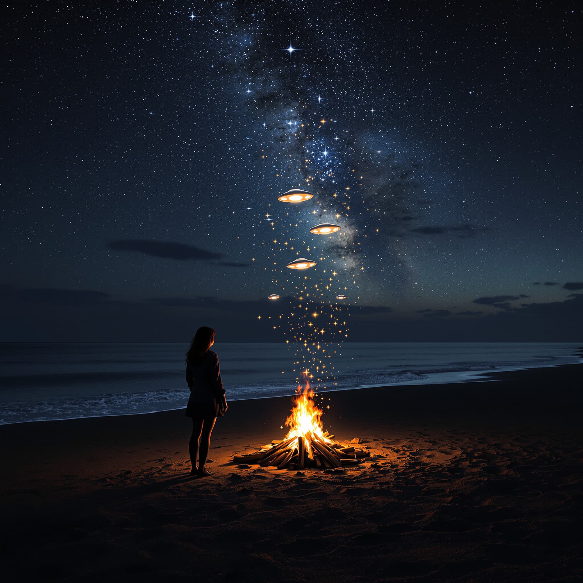 AI generated: The starry sky shines on the beach, with dark gray sand and shallow water in front of it. A beautifu...