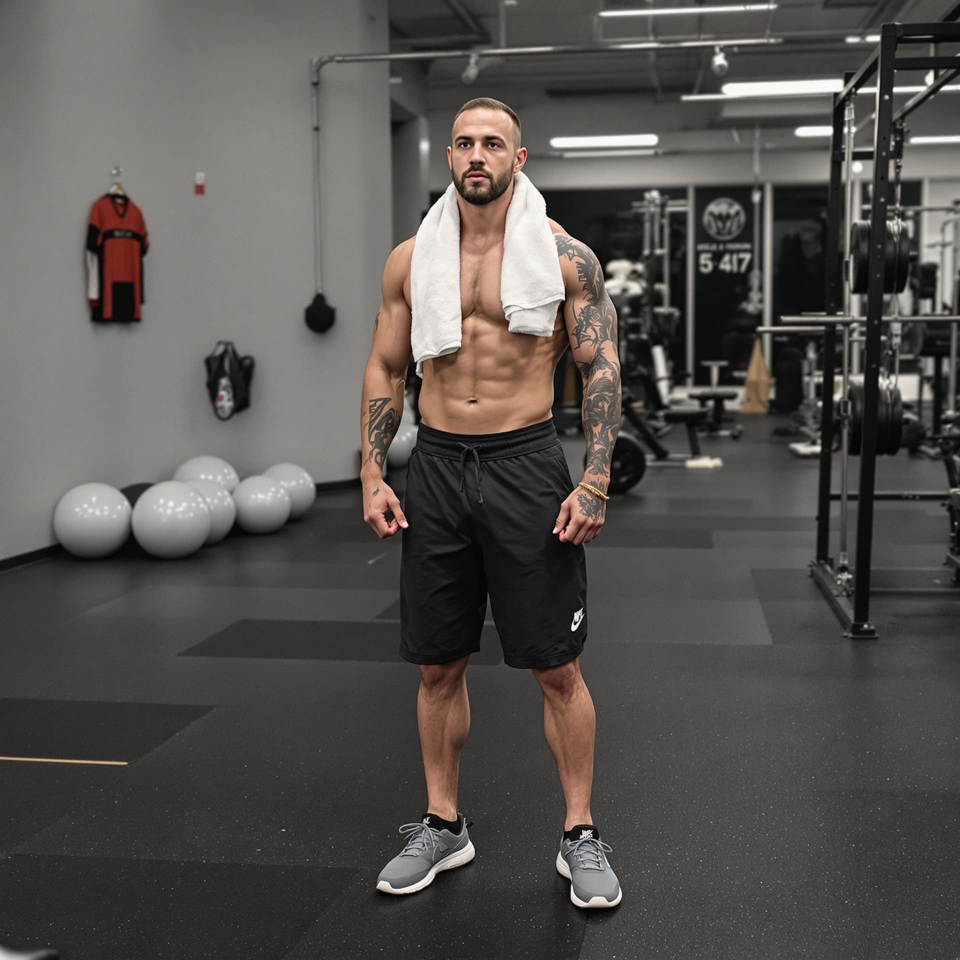 AI generated: man at the gym with towel around neck, gym clothes and sneakers, without tattoo