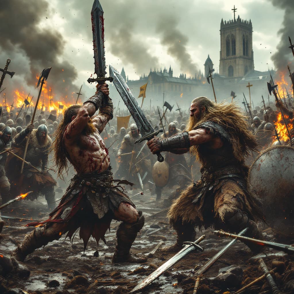 AI generated: Ragnar Lothbrok, covered in mud and blood, wields a notched Viking sword against his brother Rollo, ...