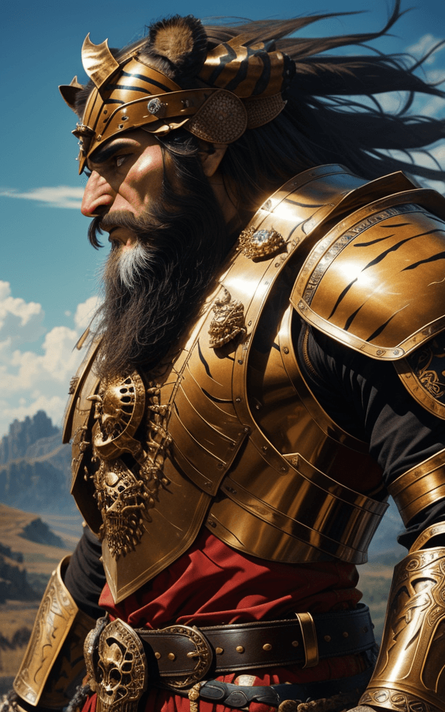 AI generated: Rostam of Shahnameh , mascular man with (( armor made of tiger skin )) ,  ( helmet of skull with hor...