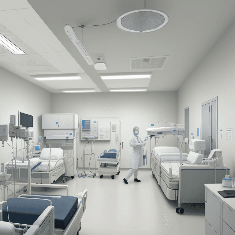 AI generated: inside a hospital with hospital beds and nurses and doctors with medical equipment, a medical labora...