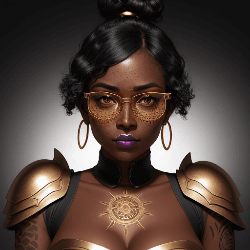 AI generated: Shapely ebony skin woman with dark colored make up, fringe short curly hair in a bun, wearing circle...