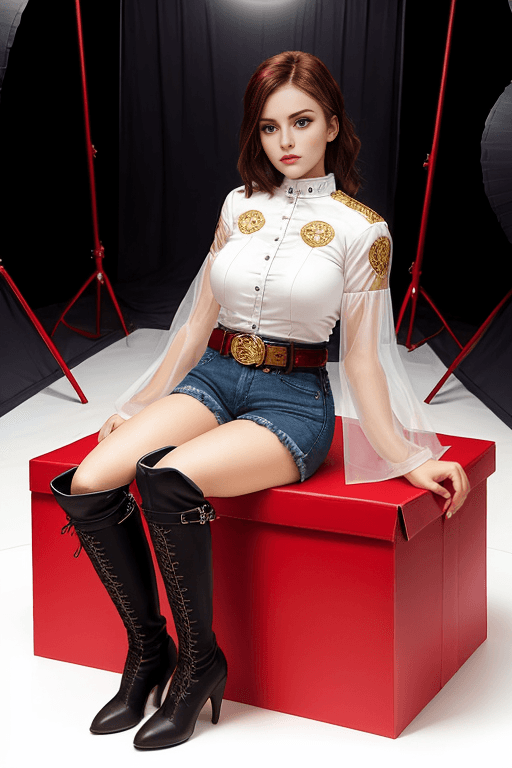 AI generated: a woman sitting on a white box in a photography studio, long thigh-high boots, red jean short pants ...