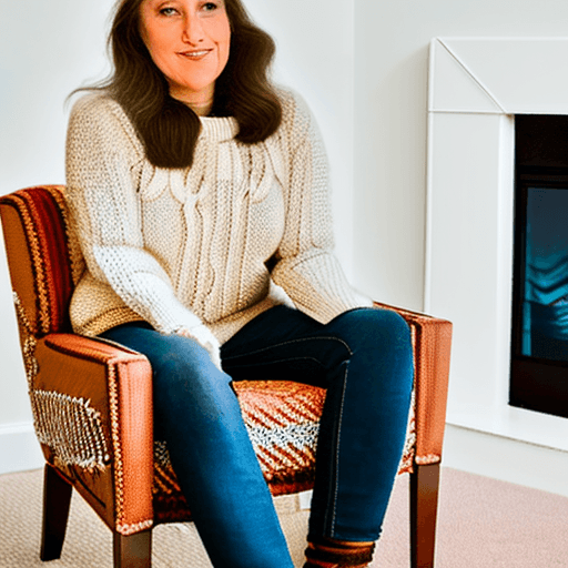 AI generated: Imagine a winter scene with a woman sitting on a cozy armchair in front of a fireplace. She is weari...