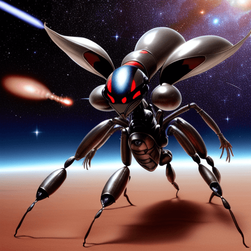 AI generated: alien ant army group with silver ant armor invasion the planet, gunfire with red ant group, space st...