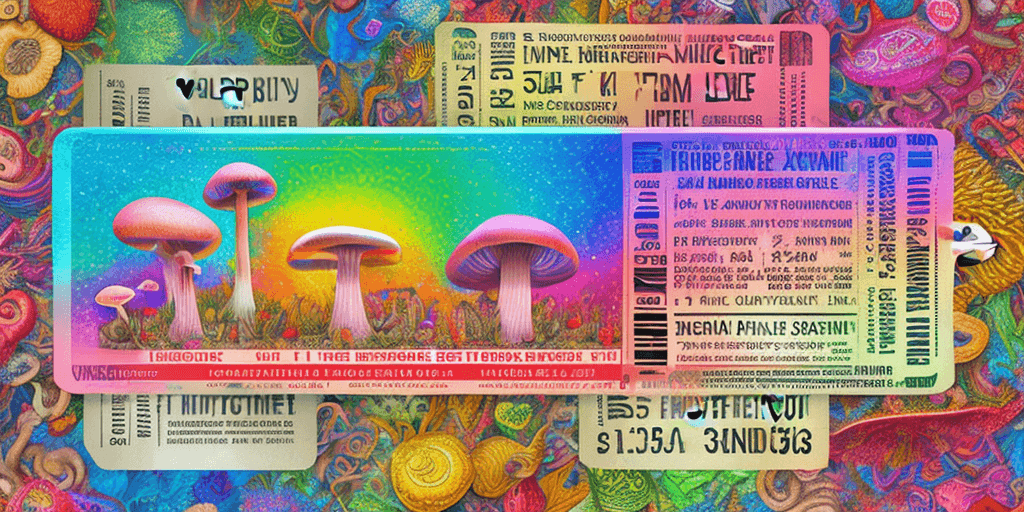 AI generated:  Hyper realistic printed ticket pdf, with name Miguel, with mushrooms, happiness, colorful; 8k, intr...