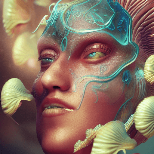 AI generated: Goddess close-up portrait ribcagel. jellyfish phoenix head, nautilus, orchid, skull, betta fish, bio...