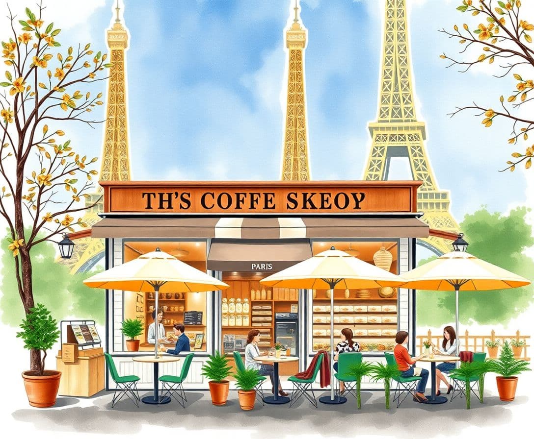 AI generated: Coffee shop as if it’s being in paris, you can draw the  bakery and add Eiffel Tower at the backgrou...