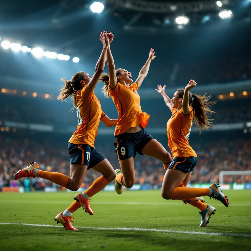 AI generated: girl soccer players making the game winning goal to win the championship and celebrating
