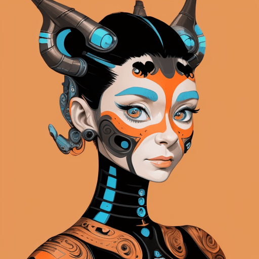 AI generated: Audrey Hepburn cyborg art and illustration by theo el, in the style of balanced symmetry, light oran...