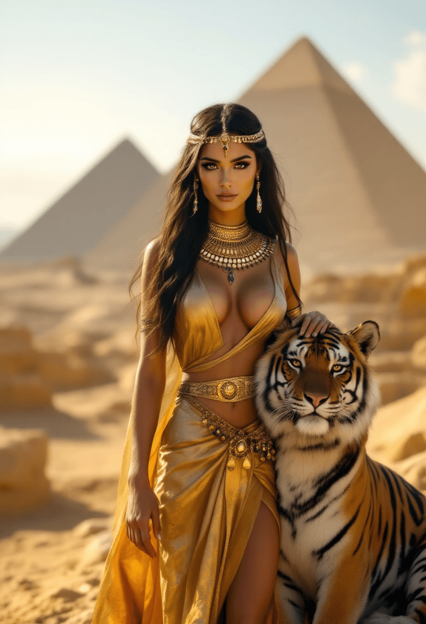 AI generated: An ultra-realistic, (full-body:1.3) portrait of a mesmerizing brunette Egyptian woman (age 23) looki...