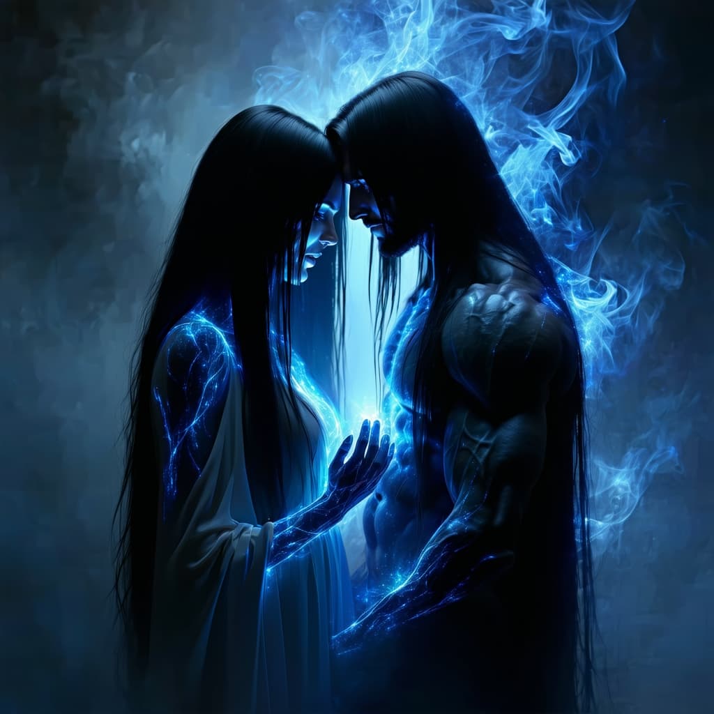 AI generated: Two ghostly, semi-transparent spirits of soulmates standing face-to-face, their faintly glowing ener...