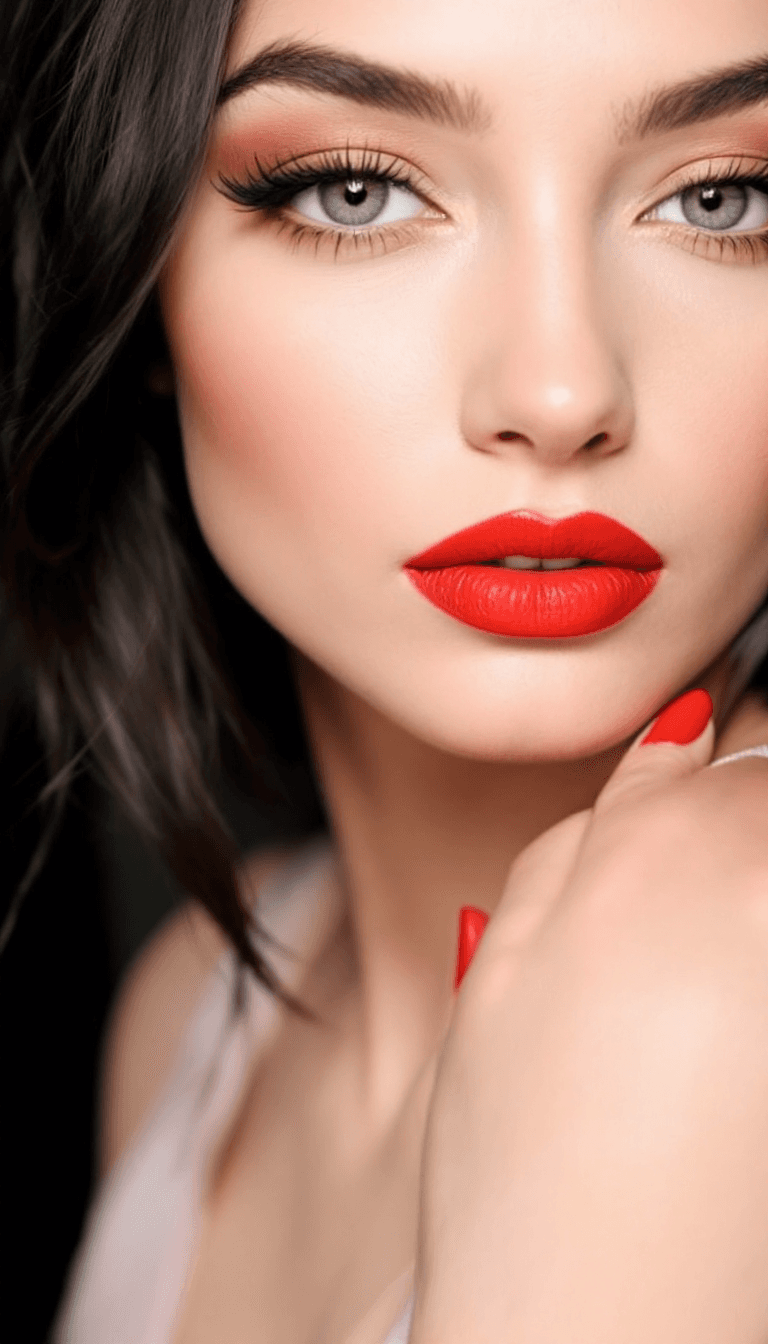 AI generated: Bold Red Lips A striking makeup look centered around vivid red lipstick that draws attention to the ...