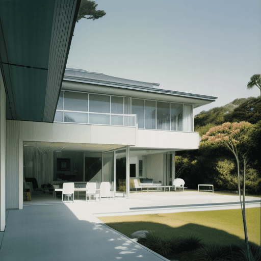 AI generated: Hyper realistic eye level exterior photo of a mid century modern style house overlooking the ocean, ...