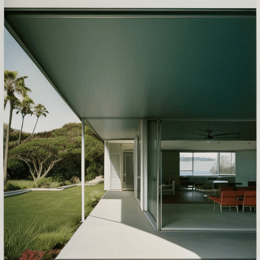 AI generated: Hyper realistic eye level exterior photo of a mid century modern style house overlooking the ocean, ...
