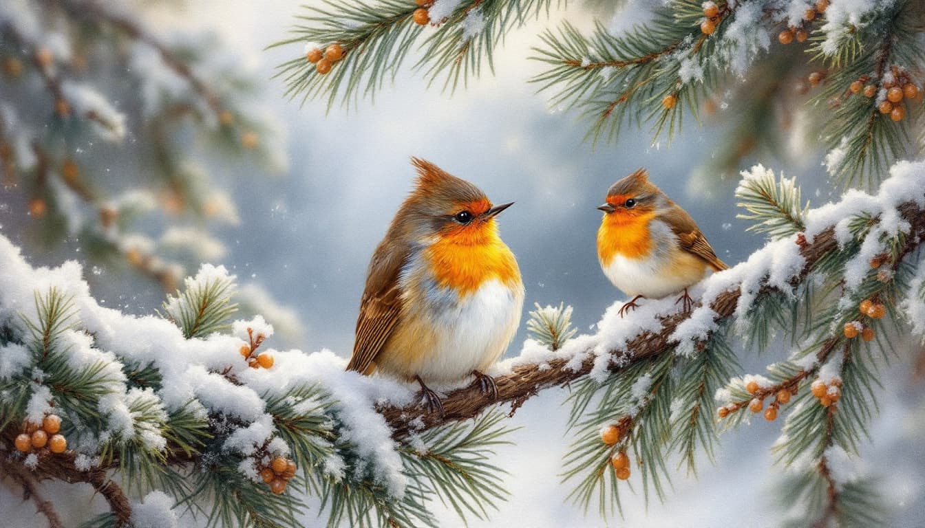 AI generated:   Terry Redlin style painting, rich textures and visible brushstrokes. Depicting a serene   winter l...
