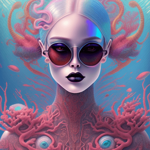 AI generated: the iridescent foil goth beautiful stunning  lady wearing red sunglasses, in the style of crisp draw...