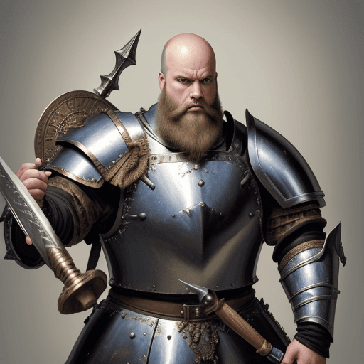 AI generated: short fat old bald beardless man in plate armour with a heavy warhammer, baroque painting