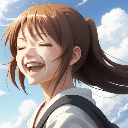 AI generated: girl laughing, happy, eyes closed, background sky, clouds, anime style, high detail, face away from ...