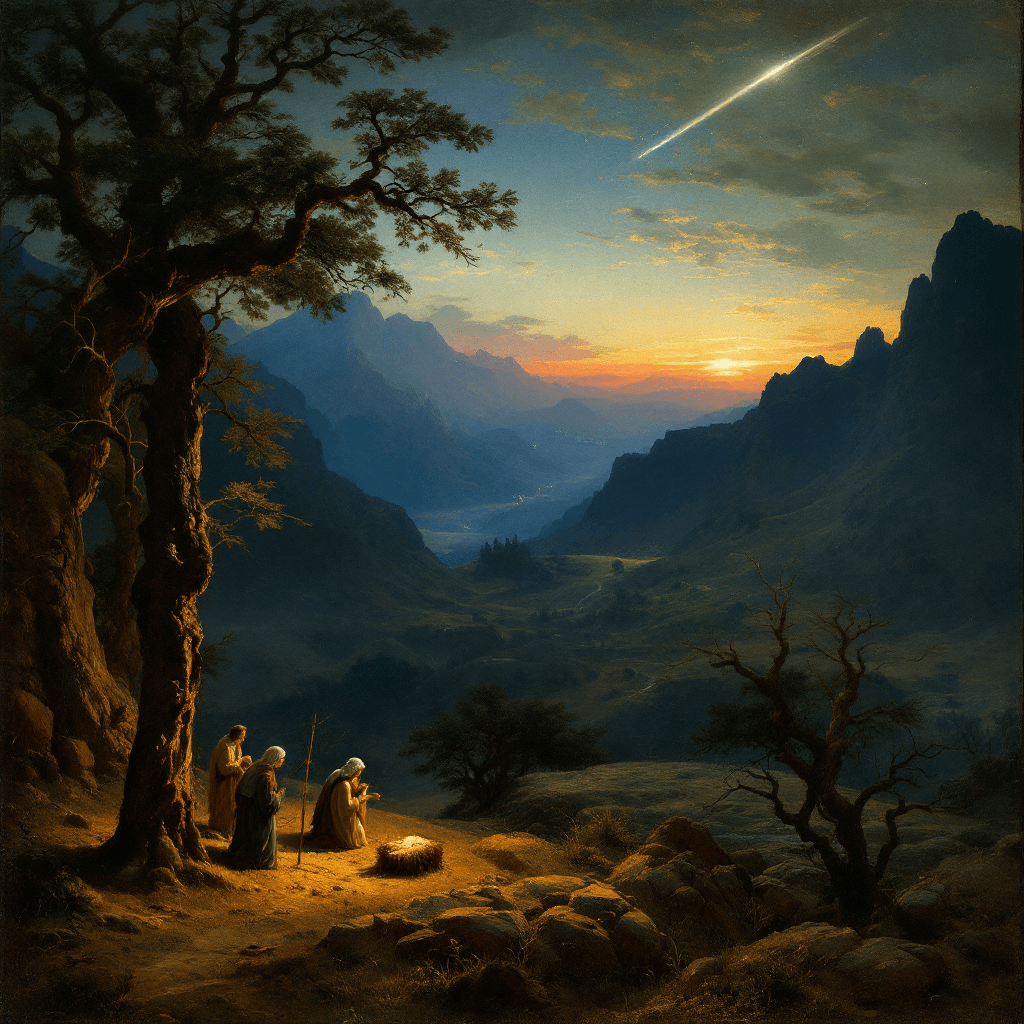 AI generated: A nativity scene painted by Caspar David Friedrich based on motifs from his most famous landscape pa...