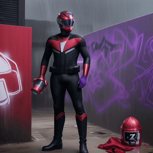 AI generated: JOHN BOYEGA IN A BLACK SPANDEX SUIT, WITH PURPLE GLOVES AND BOOTS ,  AND RED RANGER HELMET CAP HOLDI...